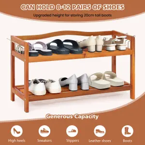 Costway 2-Tier Wood Shoe Rack Solid Shoe Storage Shelf Organizing Unit w/ Side Hooks