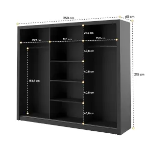 Lux II Modern Mirrored Sliding Door Wardrobe (H2150mm W2500mm D600mm) - Black Matt