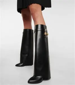 Givenchy, Shark Lock Leather Knee-High Boots, Women, Black, UK 3.5, Boots