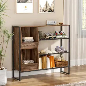 3-Tier Shoe Rack with Metal Frame and Walnut Storage Cubbies