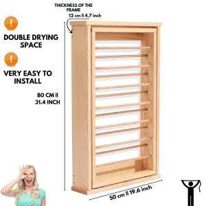 Natural Wall Mounted Wooden Clothes Drying Rack with Double side Rails - Foldable and Space-Saving Clothes Airer