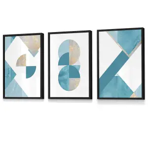 Set of 3 Abstract Aqua Blue Mid Century Geometric Wall Art Prints / 30x42cm (A3) / Black Frame