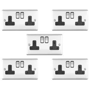 5 PACK 2 Gang Double UK Plug Socket SATIN STEEL & Black 13A Switched Outlet