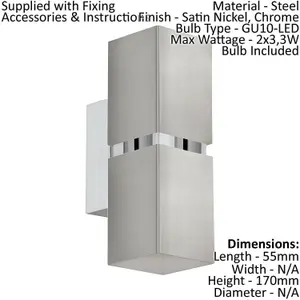 2 PACK Wall Light Colour Satin Nickel Chrome Square Shades GU10 2x3.3W Included