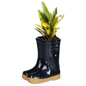 Midnight Blue Wellington Boot Ceramic Indoor Outdoor Flower Pot Garden Planter Pot