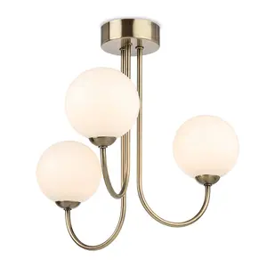 Luminosa Lyndon 3 Light Globe Flush Fitting Antique Brass with Opal White Glass