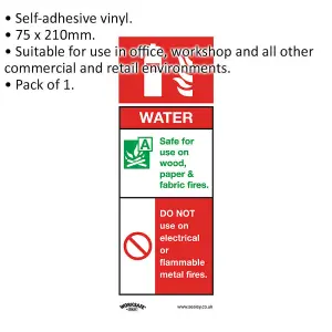 Self-Adhesive Water Fire Extinguisher Safety Sign - 75 x 210mm Vinyl Sticker