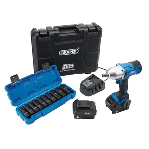 Draper  D20 20V Brushless Mid-Torque Impact Wrench Kit, 1/2" Sq. Dr. & Metric Deep Impact Socket Set (10 Piece) 04791