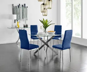 Furniturebox UK Novara 120cm Round Dining Table and 4 Navy Velvet Milan Chairs