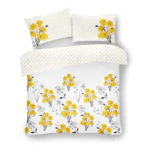 Buford Cotton Blend Floral Duvet Cover Set with Pillowcases Yellow/Grey/White / Double Duvet Cover - 2 Standard Pillowcases