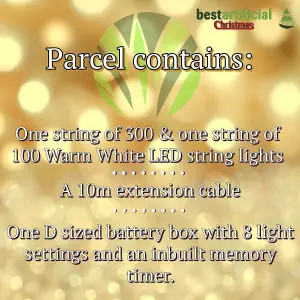 400 Warm White LED's 40m/131ft Clear Cable BATTERY Power Connectable Indoor Outdoor Waterproof  String Lights Garden Party