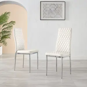 Set of 4 Milan White High Back Soft Touch Diamond Pattern Faux Leather Chromed Metal Leg Dining Chairs