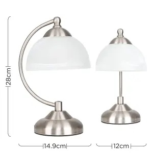 ValueLights Stamford Pair of Curved Brushed Chrome and Frosted Glass Bedside Table Lamps