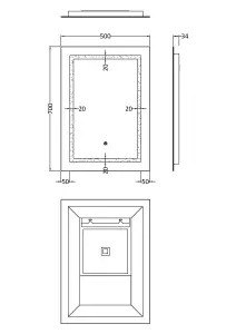 Rectangular LED Framed Illuminated Touch Sensor Mirror with Demister, 700mm x 500mm - Chrome