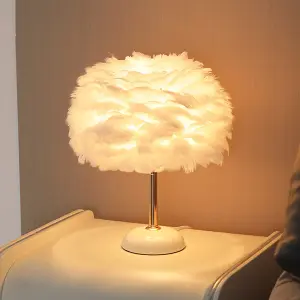 White Ceramic Feather Bedroom Bedside Table Lamp with LED Light 30cm x 37cm