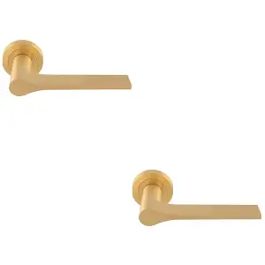 2 PACK - Contemporary Flat Door Handle Set - Satin Brass Sleek Lever on Round Rose