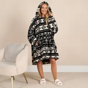 Teddy Hoodie Blanket Aztec Geo Soft Giant Jumper Plush Oversized Wearable Throw