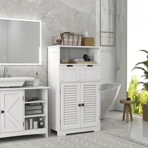 kleankin Free Standing Bathroom Storage Cabinet with Louvred Doors, 2 Drawers, White