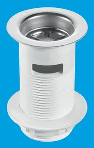 McAlpine BSW2 1.25" White Plastic Basin Waste - Backnut Model 60mm Stainless Steel Flange x 3.5" Tail with Black PVC Plug