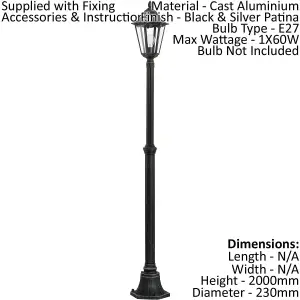 2 PACK IP44 Outdoor Bollard Light Black & Silver Lantern 2000mm Post 60W E27