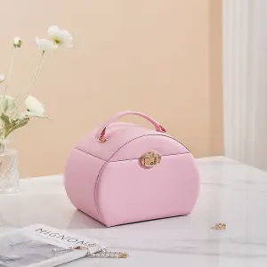 Charming Pink Leather Jewelry Box with Velvet Lining and Gold Lock 22.5x16x17cm