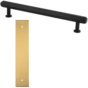 Pull Handle & Contrasting Backplate Set - Industrial Hex T Bar - Matt Black & Satin Brass