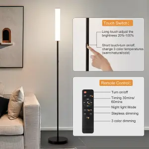 HARPER LIVING Modern LED Floor Lamp with Remote + Touch Control, Black Standing Reading Lamp with Cylinder White Plastic Shade