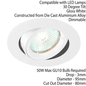 TILTING Round Recess Ceiling Down Light Gloss White 95mm Flush GU10 Lamp Fitting