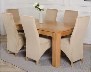 Dakota 182 x 92 cm Chunky Oak Large Dining Table and 6 Chairs Dining Set with Lola Beige Fabric Chairs