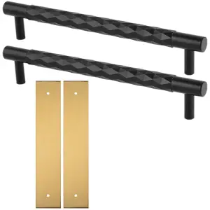 2 PACK - Pull Handle & Contrasting Backplate Set - Designer Diamond T Bar - Matt Black & Satin Brass