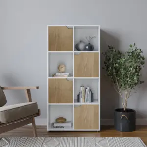 URBNLIVING 119cm Height 8 Cubes White Wooden Bookcase Shelving Display Shelf Oak Door Storage Unit