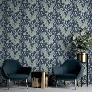 Keeka Peacock Bird Themed Vintage Wallpaper Navy Blue World of Wallpaper 946100