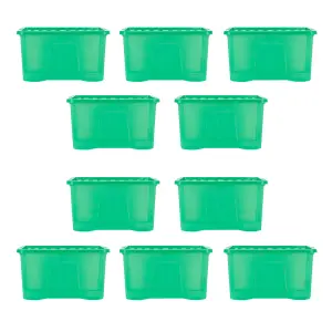 Wham Crystal 10 x 60L Plastic Storage Boxes with Lids. Large Size, Strong. Made in the UK Tint Leprechaun Green