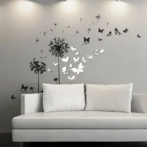 Black Dandelion and Mirror Butterflies Mirror Stickers Nursery Home Decoration Gift Ideas 45 pieces