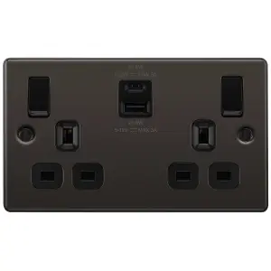 GoodHome Black Nickel Double 13A Raised rounded Switched Screwed Socket with USB, x2 & Black inserts