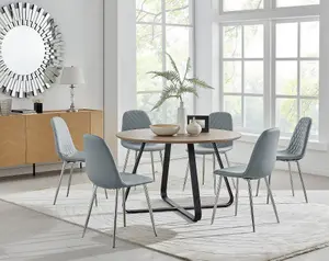 Furniturebox UK Santorini Brown Round Round Dining Table And 6 Grey Corona Silver Leg Chairs