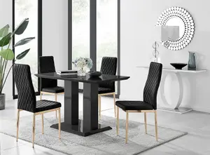 Furniturebox Imperia 4 Modern Black High Gloss Dining Table and 4 Black Velvet Milan Gold Leg Chairs