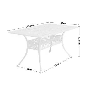 White Vintage Rectangular Cast Aluminum Outdoor Bistro Dining Table with Umbrella Hole 150 cm