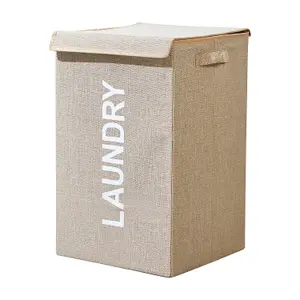 Beige Polyester Large Laundry Hamper Collapsible Laundry Basket - 57L