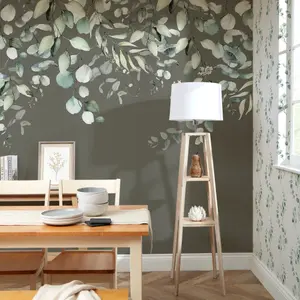 Eucalyptus Cascade Mural In Watercolour Greens On Smokey Green (350cm x 240cm)