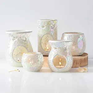 White Iridescent Glass Pillar Shaped Oil, Wax Melt Burner. Mirrored Crackle Effect. H14.5 cm