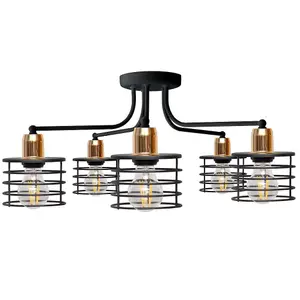 Luminosa Edison Multi Arm Semi Flush Ceiling Light Black, Copper 65cm