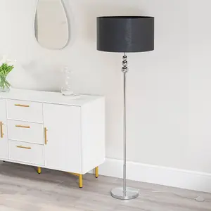 ValueLights Marissa Chrome Stacked Ball Floor Lamp with Black Drum Shade - LED Bulb Included