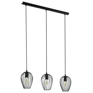 EGLO Newtown Vintage 3-Light Pendant With Black Caged Shades