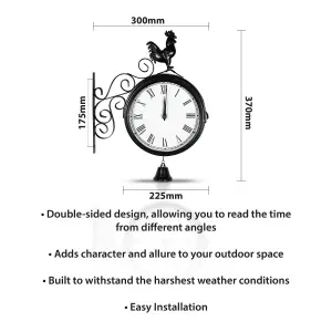 Vintage Outdoor Double Sided Station Clock 20cm with Metal Cockerel Rooster Chicken