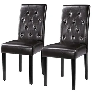 Button Tufted Padded Faux Leather Dining Chair with Solid Wood Legs (Set of 2) Dark Brown