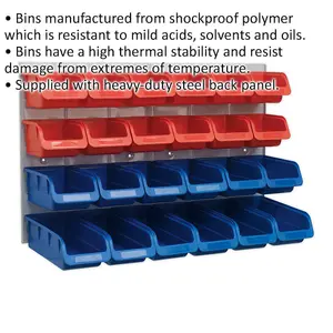 24 Assorted Red and Blue Plastic Storage Bins with Heavy-Duty Wall Panel