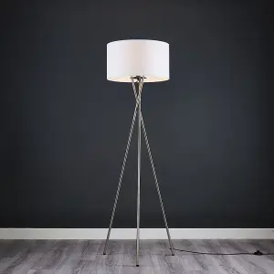 ValueLights Camden Modern Brushed Chrome Metal Tripod Floor Lamp with White Cylinder Shade - Includes 6w LED Bulb 3000K Warm White