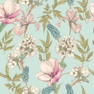 Hoopla Walls Orchid Bloom Duck Egg & Blush Smooth Matt Wallpaper