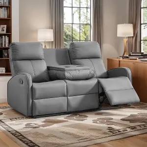 3 Seater Manual Reclining Sofa with Cup Holders in Grey Leather - Parma